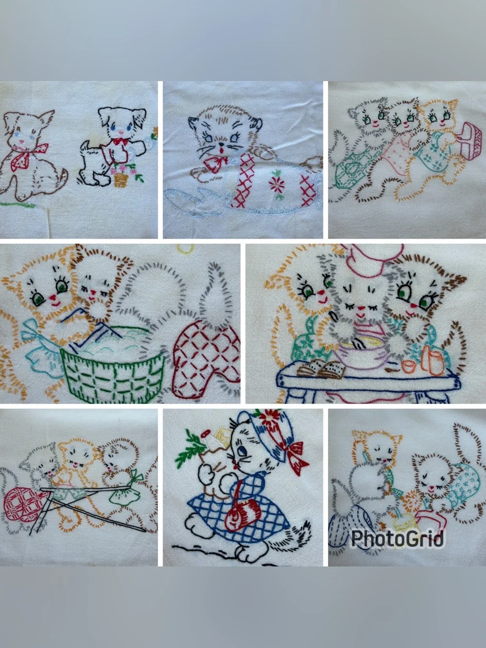 VTG 21-Piece Hand Embroidered Small Tablecloth Lot Kitschy Kittens Birds FLAWS
